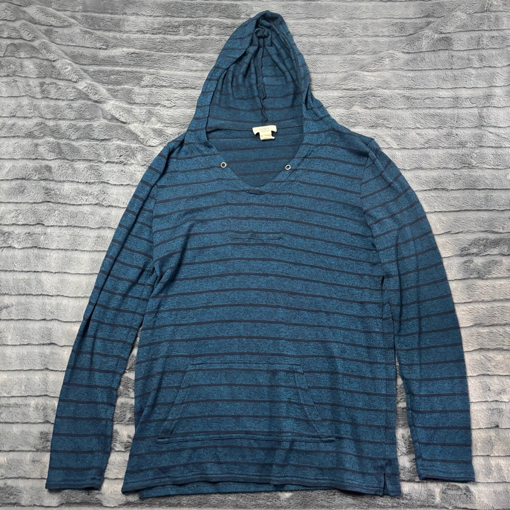 LOFT Womens Blue Striped Hooded Knit Top Long Sleeve V-Neck Kangaroo Pocket L